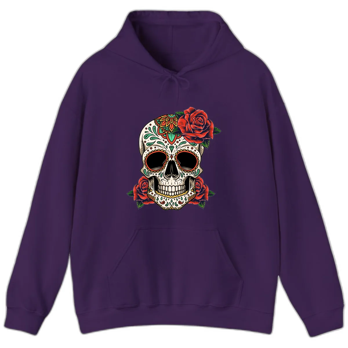 Vibrant Calavera Skull with Red Roses Hoodie in Purple