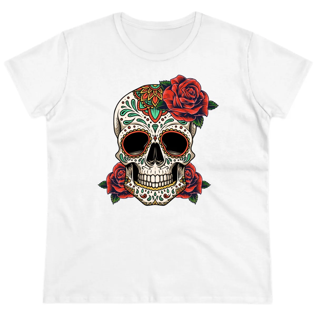 Vibrant Calavera Skull with Red Roses Ladies Tee in White