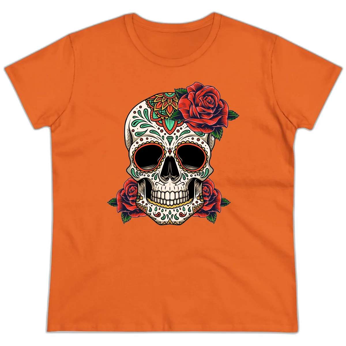 Vibrant Calavera Skull with Red Roses Ladies Tee in Orange