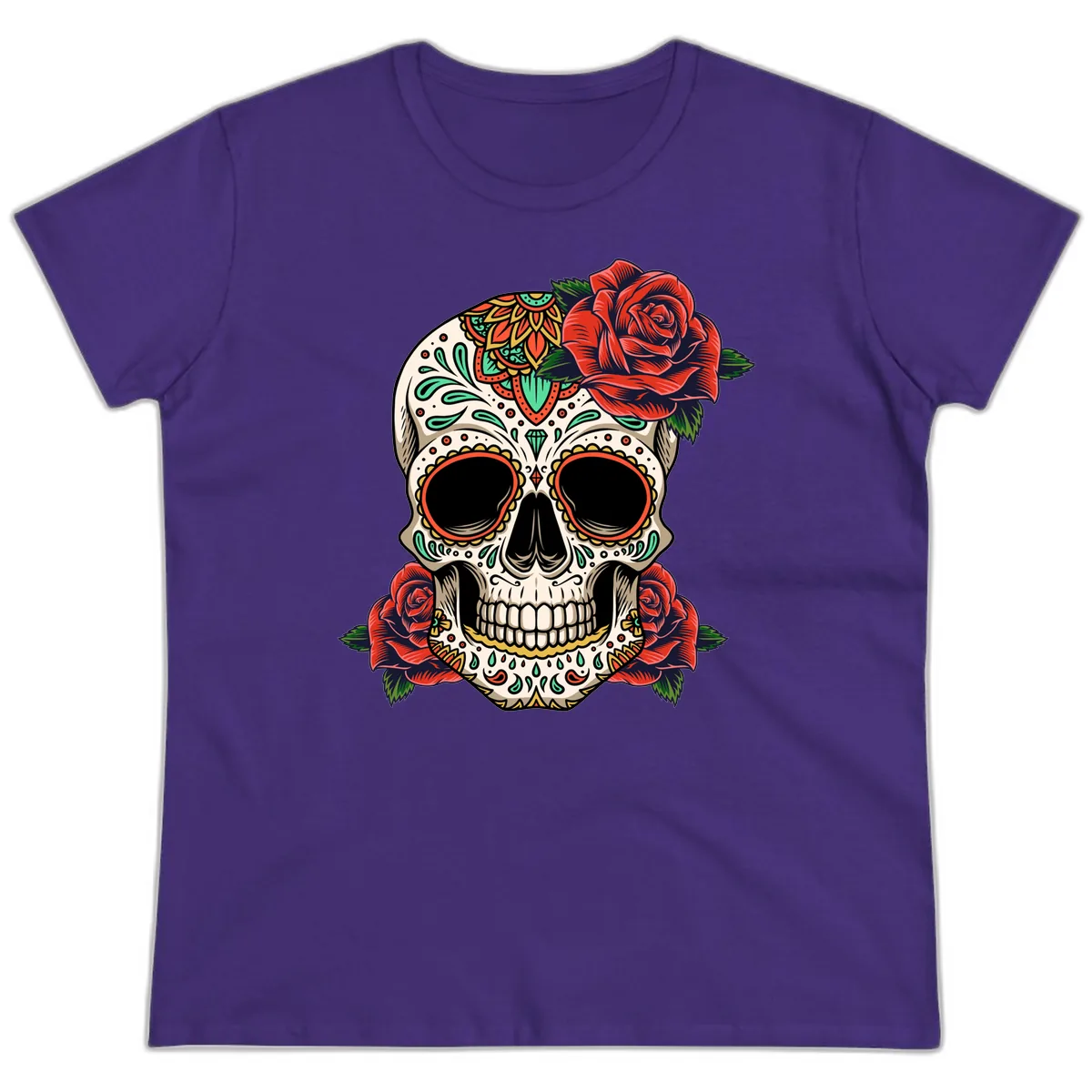 Vibrant Calavera Skull with Red Roses Ladies Tee in Purple
