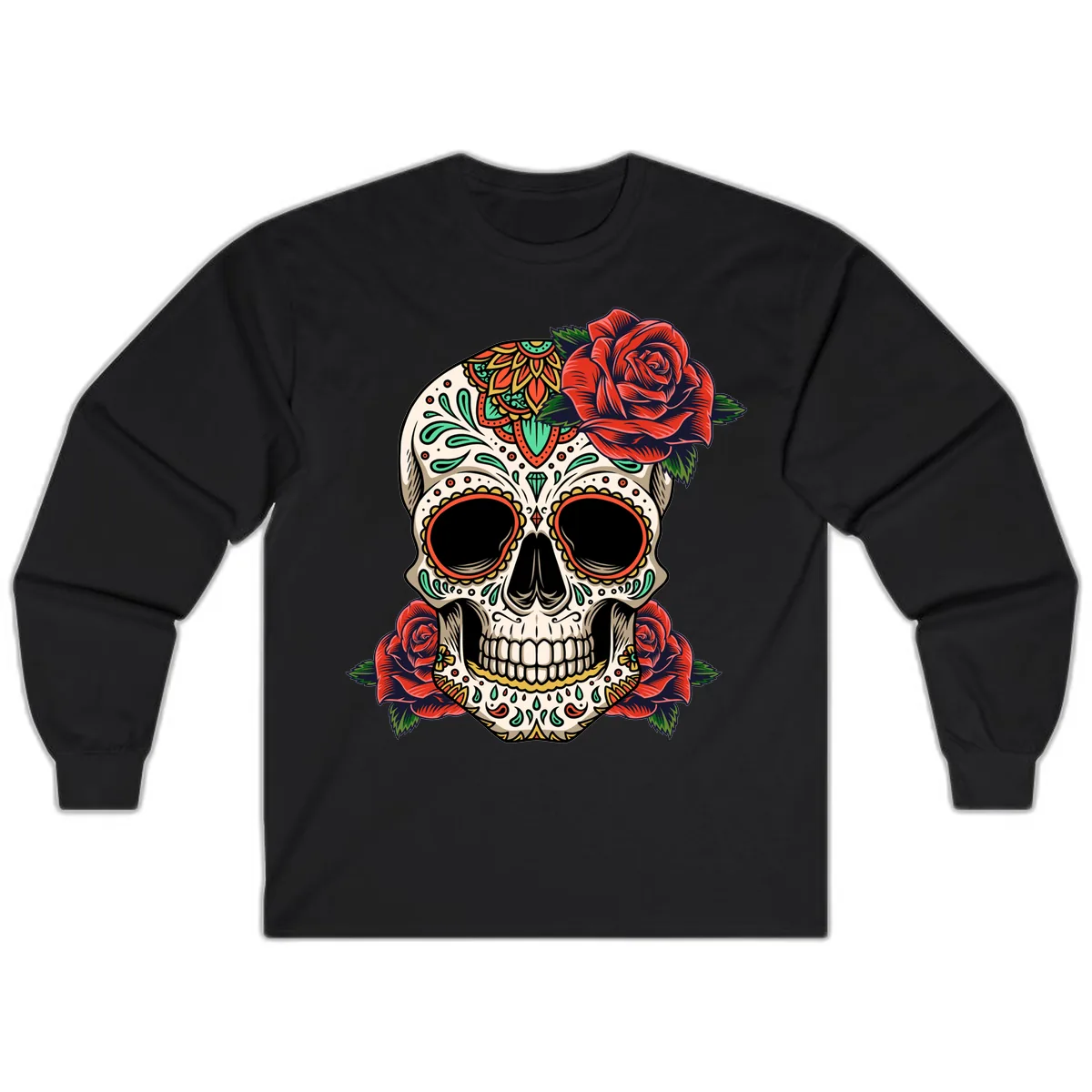 Vibrant Calavera Skull with Red Roses Long Sleeve in Black