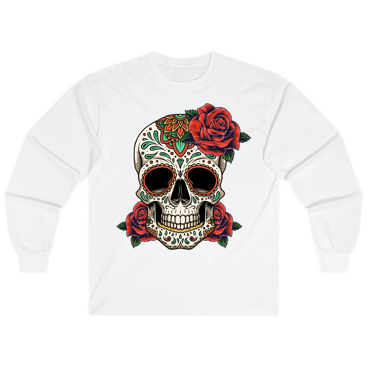 Vibrant Calavera Skull with Red Roses Long Sleeve in White