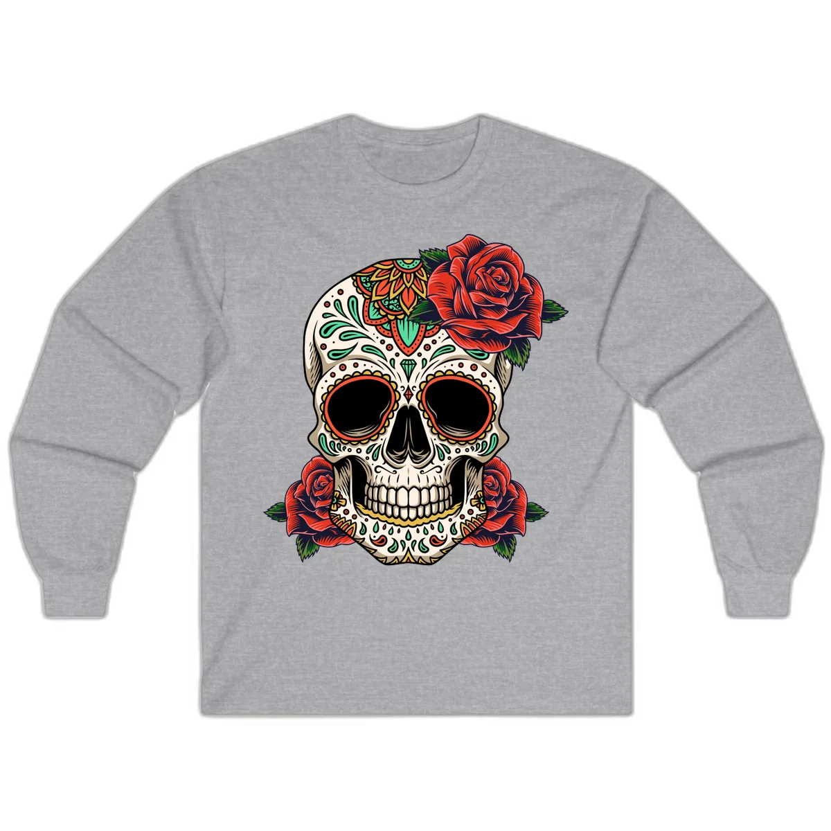 Vibrant Calavera Skull with Red Roses Long Sleeve in Sport Grey