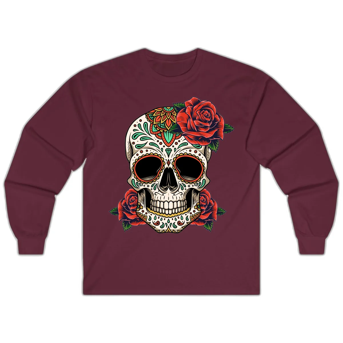 Vibrant Calavera Skull with Red Roses Long Sleeve in Maroon