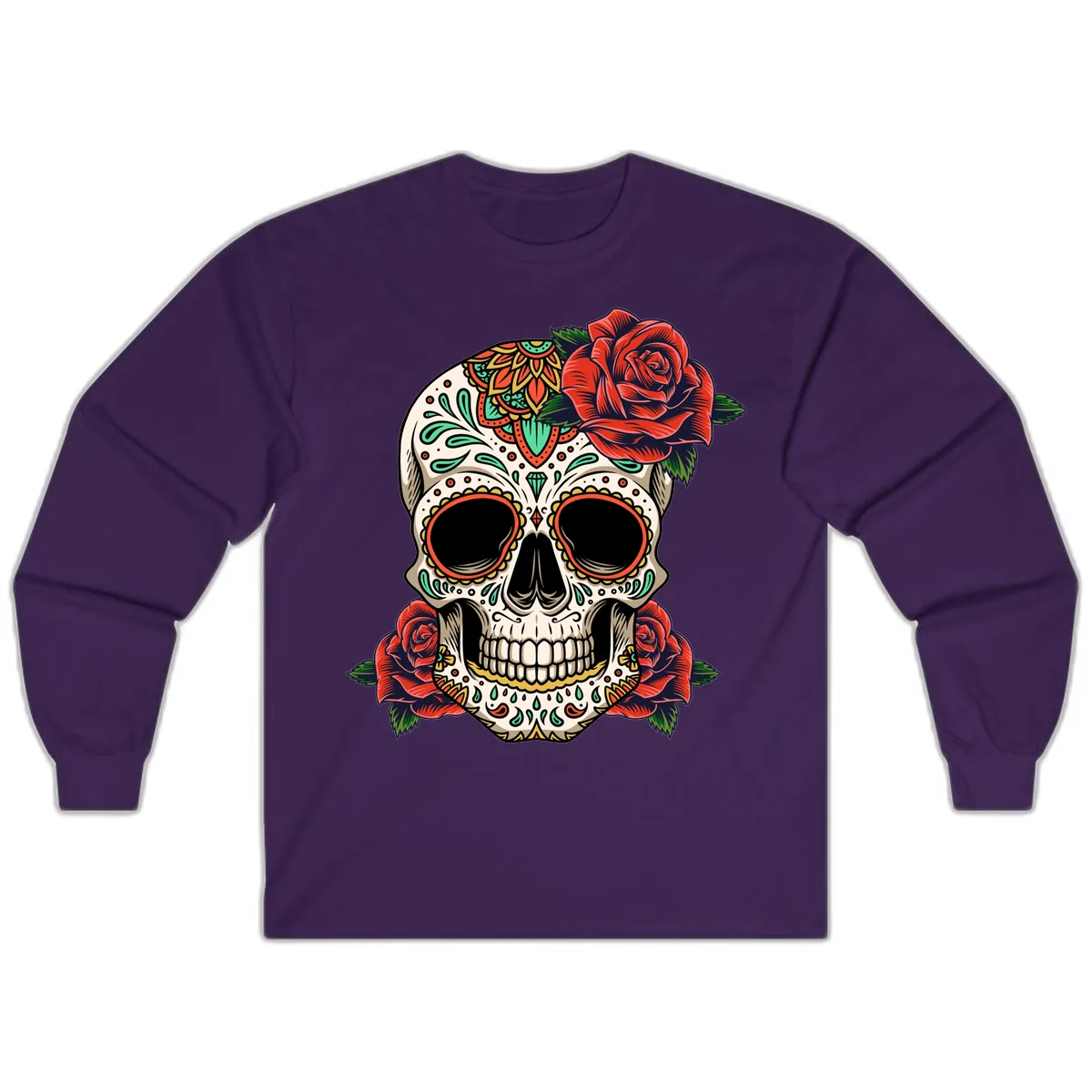 Vibrant Calavera Skull with Red Roses Long Sleeve in Purple