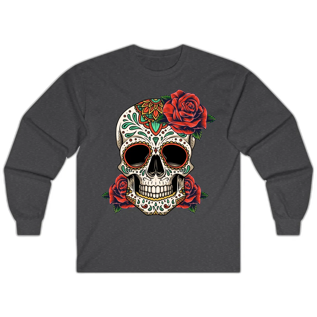 Vibrant Calavera Skull with Red Roses Long Sleeve in Dark Heather