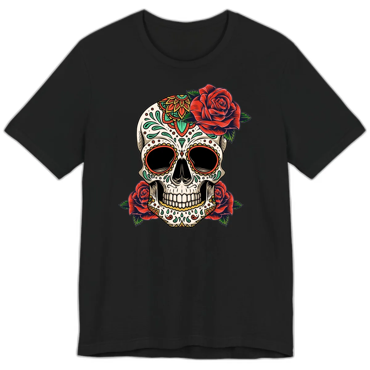 Vibrant Calavera Skull with Red Roses Premium T-Shirt in Black