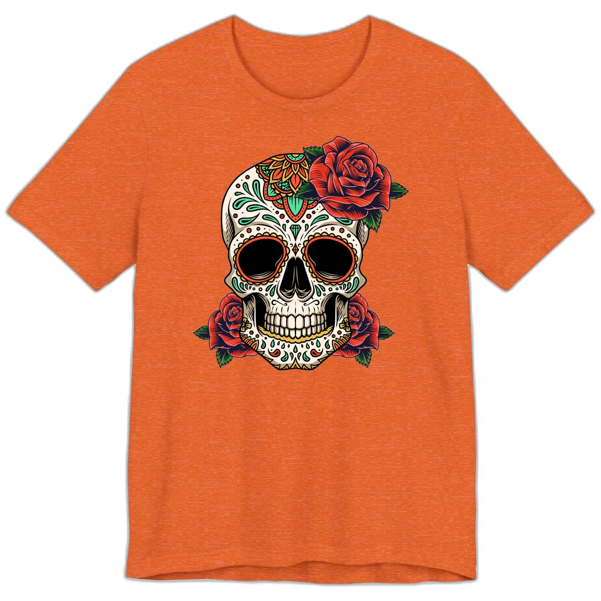 Vibrant Calavera Skull with Red Roses Premium T-Shirt in Heather Orange