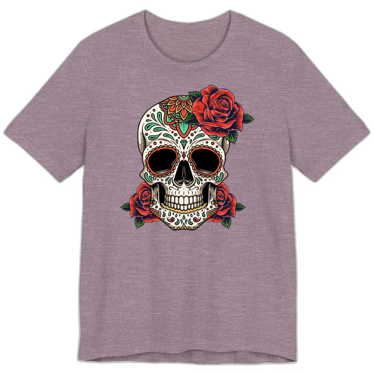 Vibrant Calavera Skull with Red Roses Premium T-Shirt in Heather Purple
