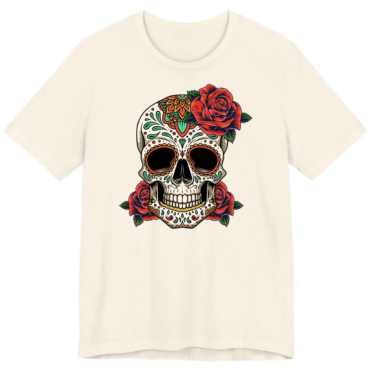 Vibrant Calavera Skull with Red Roses Premium T-Shirt in Natural