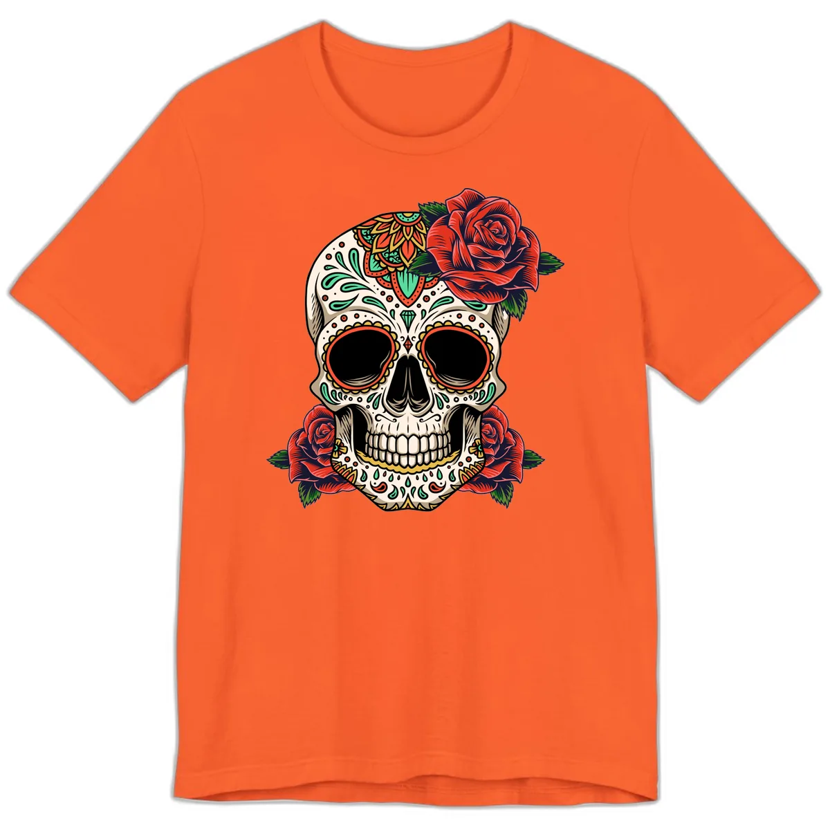 Vibrant Calavera Skull with Red Roses Premium T-Shirt in Orange