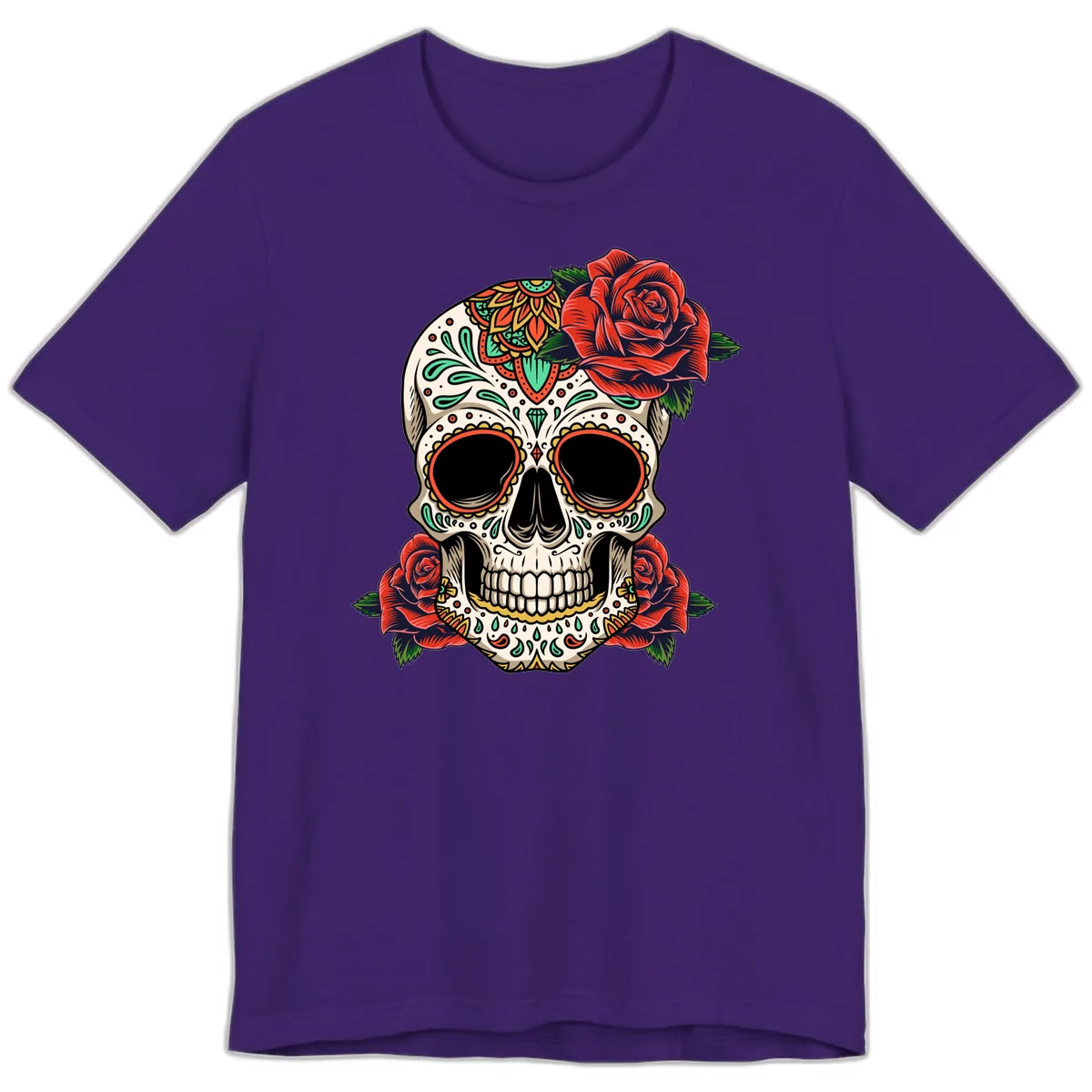 Vibrant Calavera Skull with Red Roses Premium T-Shirt in Team Purple