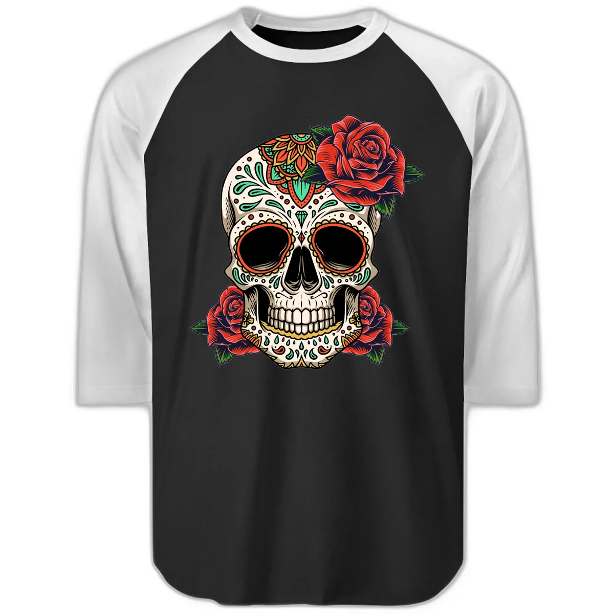 Vibrant Calavera Skull with Red Roses Raglan 3/4 in Black White