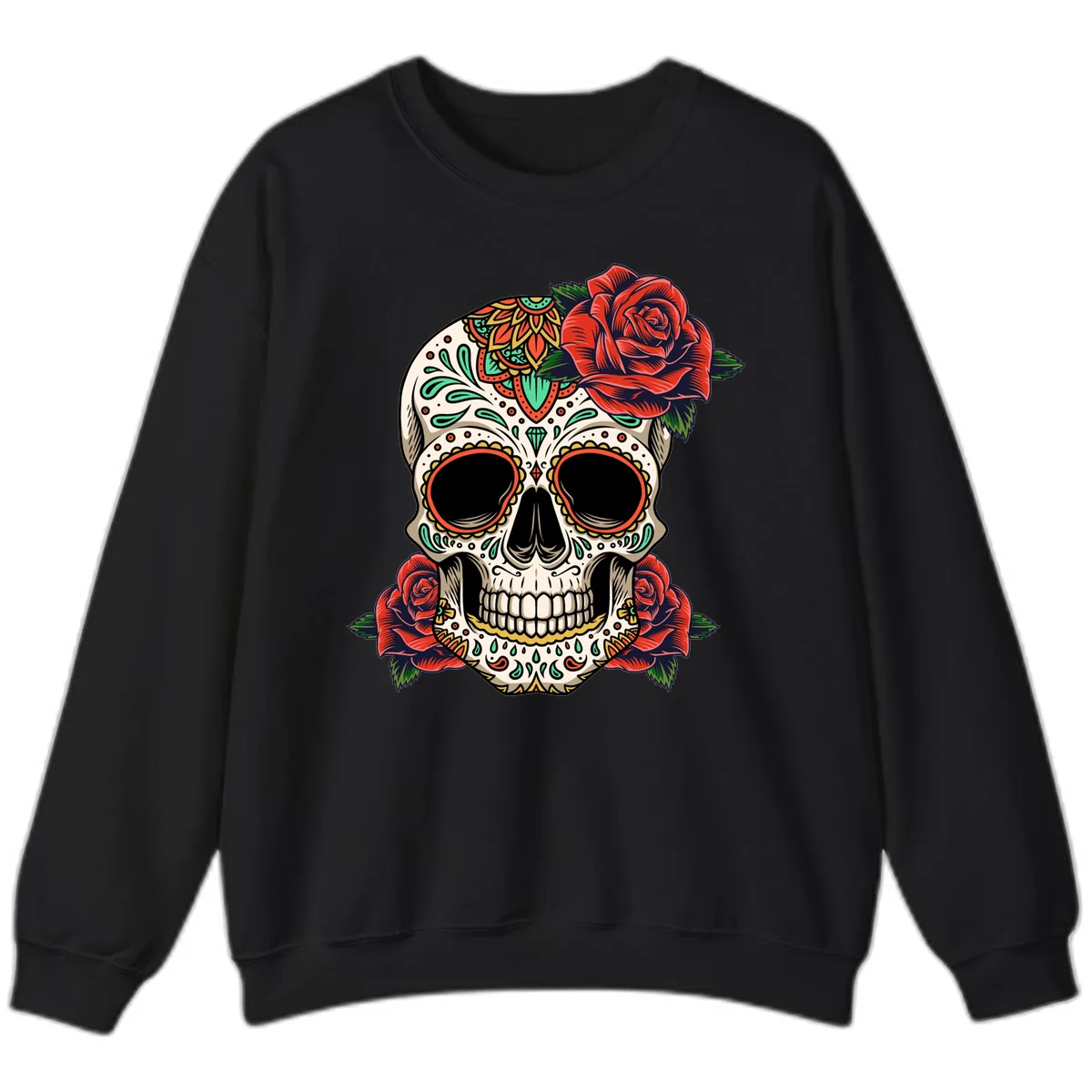Vibrant Calavera Skull with Red Roses Sweatshirt in Black