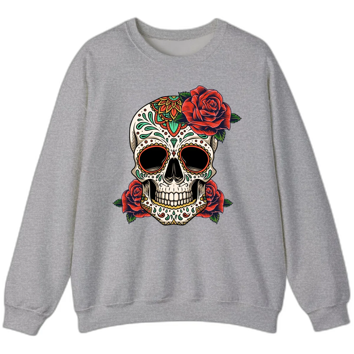 Vibrant Calavera Skull with Red Roses Sweatshirt in Sport Grey