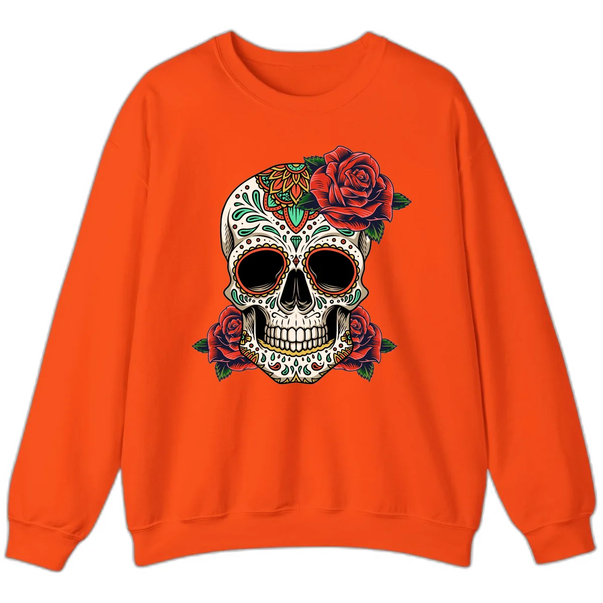 Vibrant Calavera Skull with Red Roses Sweatshirt in Orange
