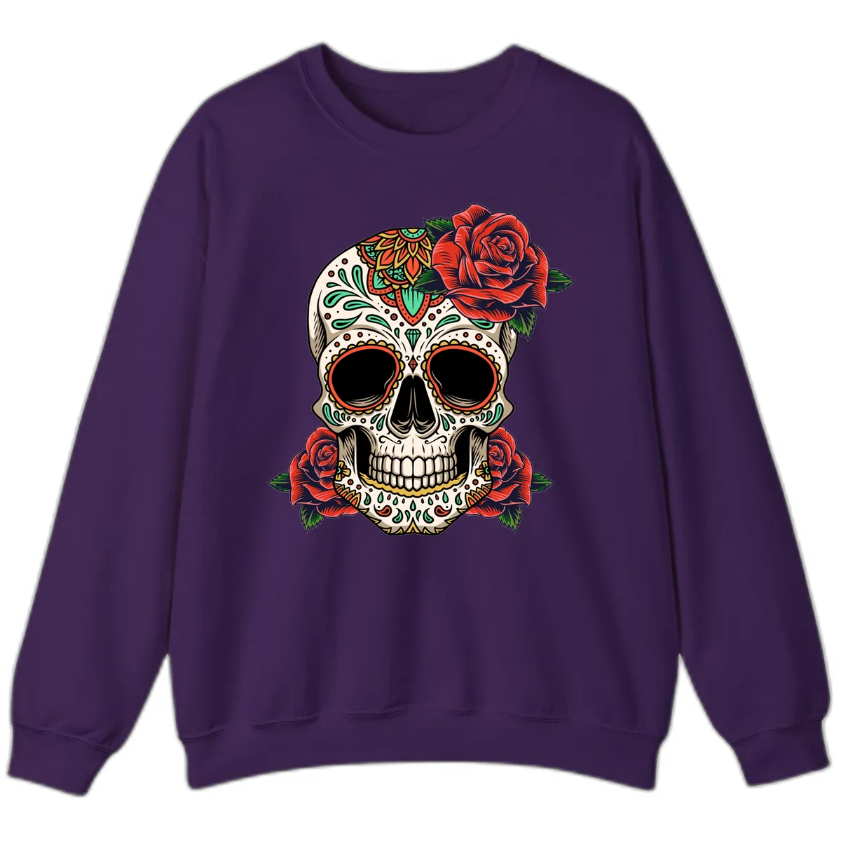Vibrant Calavera Skull with Red Roses Sweatshirt in Purple