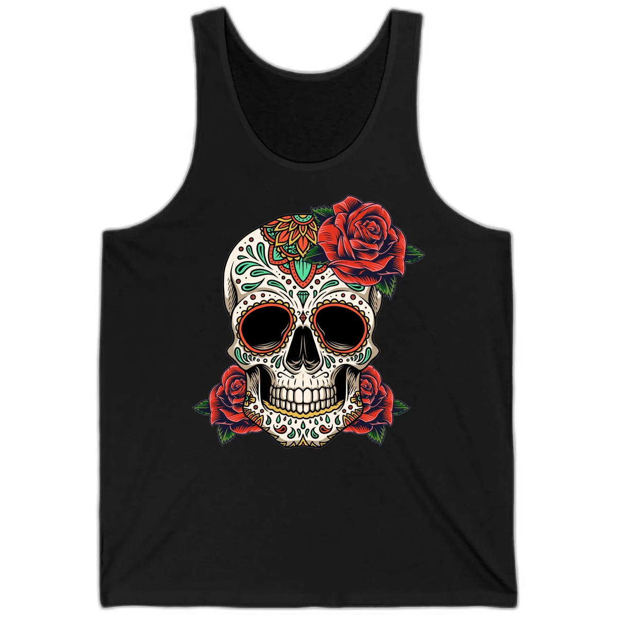 Vibrant Calavera Skull with Red Roses Tank in Black