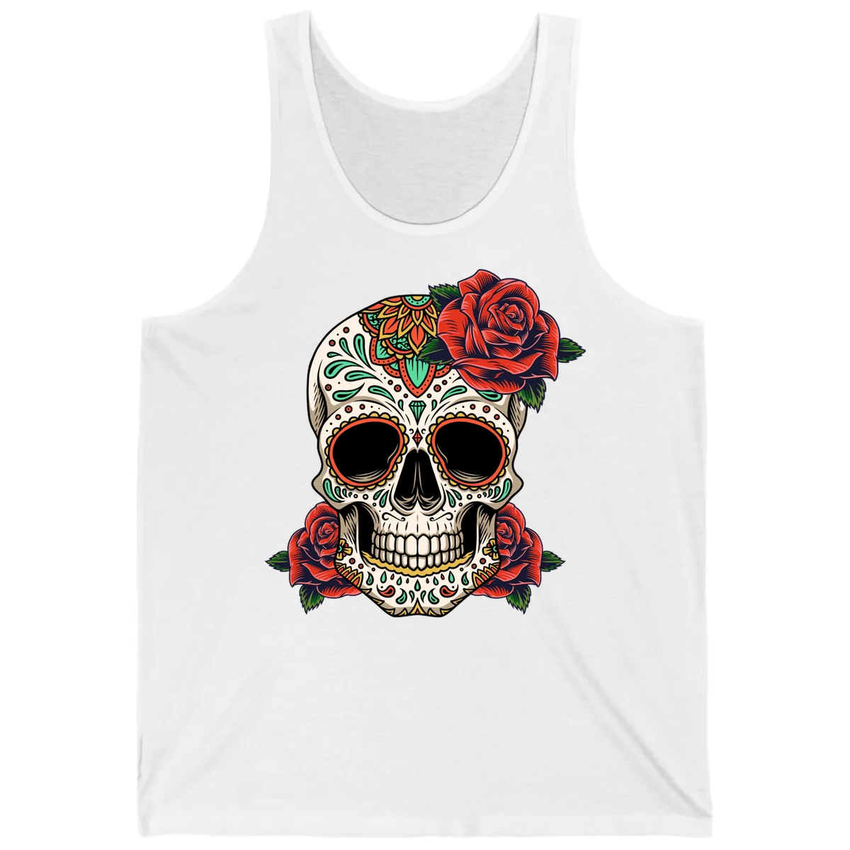 Vibrant Calavera Skull with Red Roses Tank in White