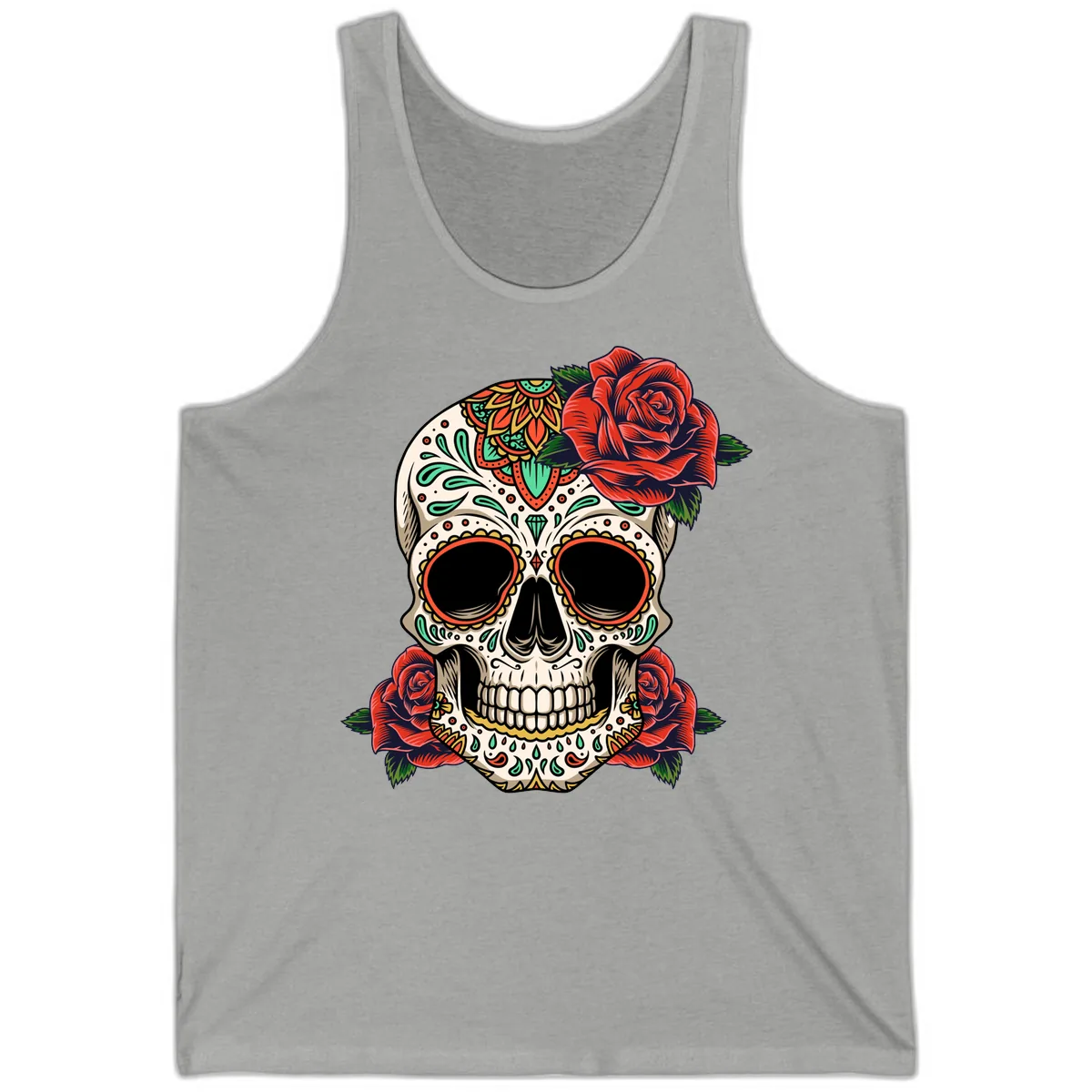 Vibrant Calavera Skull with Red Roses Tank in Athletic Heather