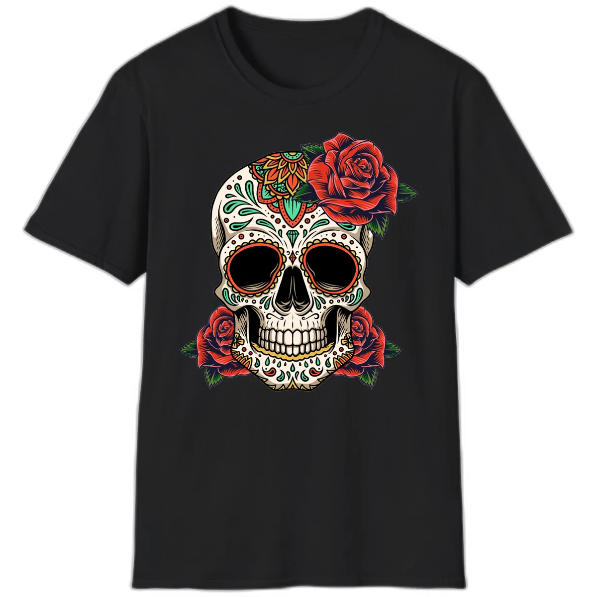 Vibrant Calavera Skull with Red Roses T-Shirt in Black
