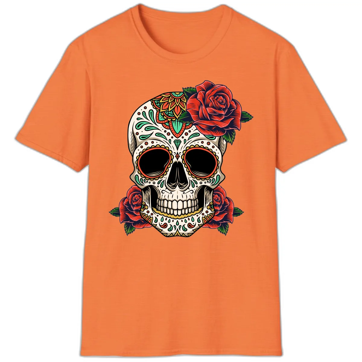Vibrant Calavera Skull with Red Roses T-Shirt in Heather Orange
