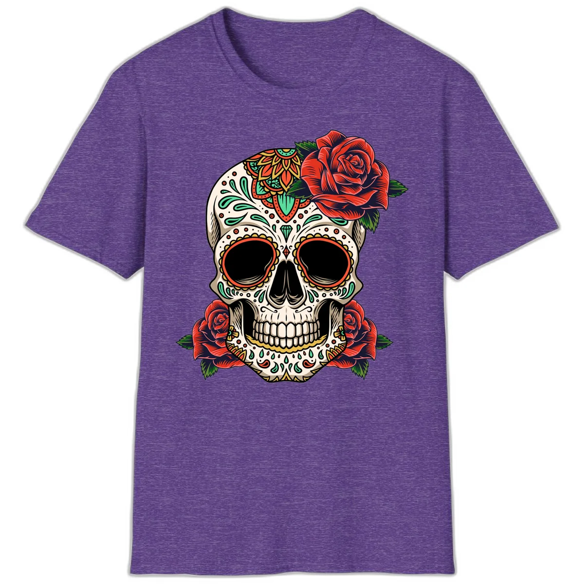 Vibrant Calavera Skull with Red Roses T-Shirt in Heather Purple