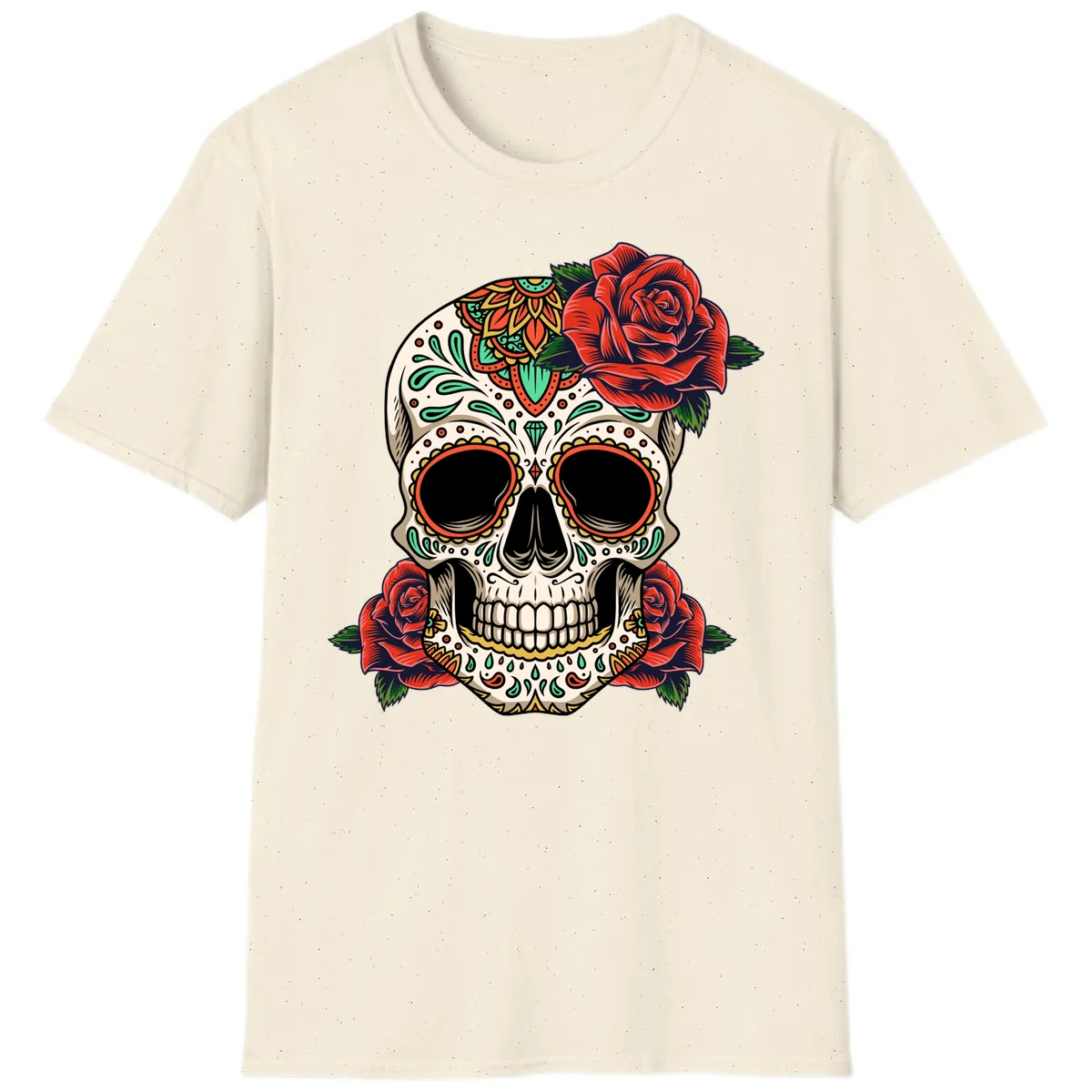 Vibrant Calavera Skull with Red Roses T-Shirt in Natural