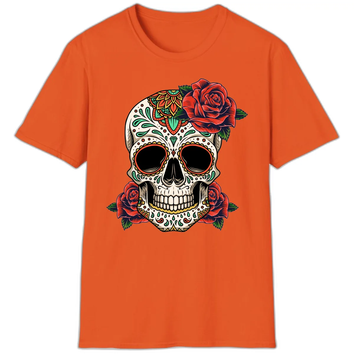 Vibrant Calavera Skull with Red Roses T-Shirt in Orange