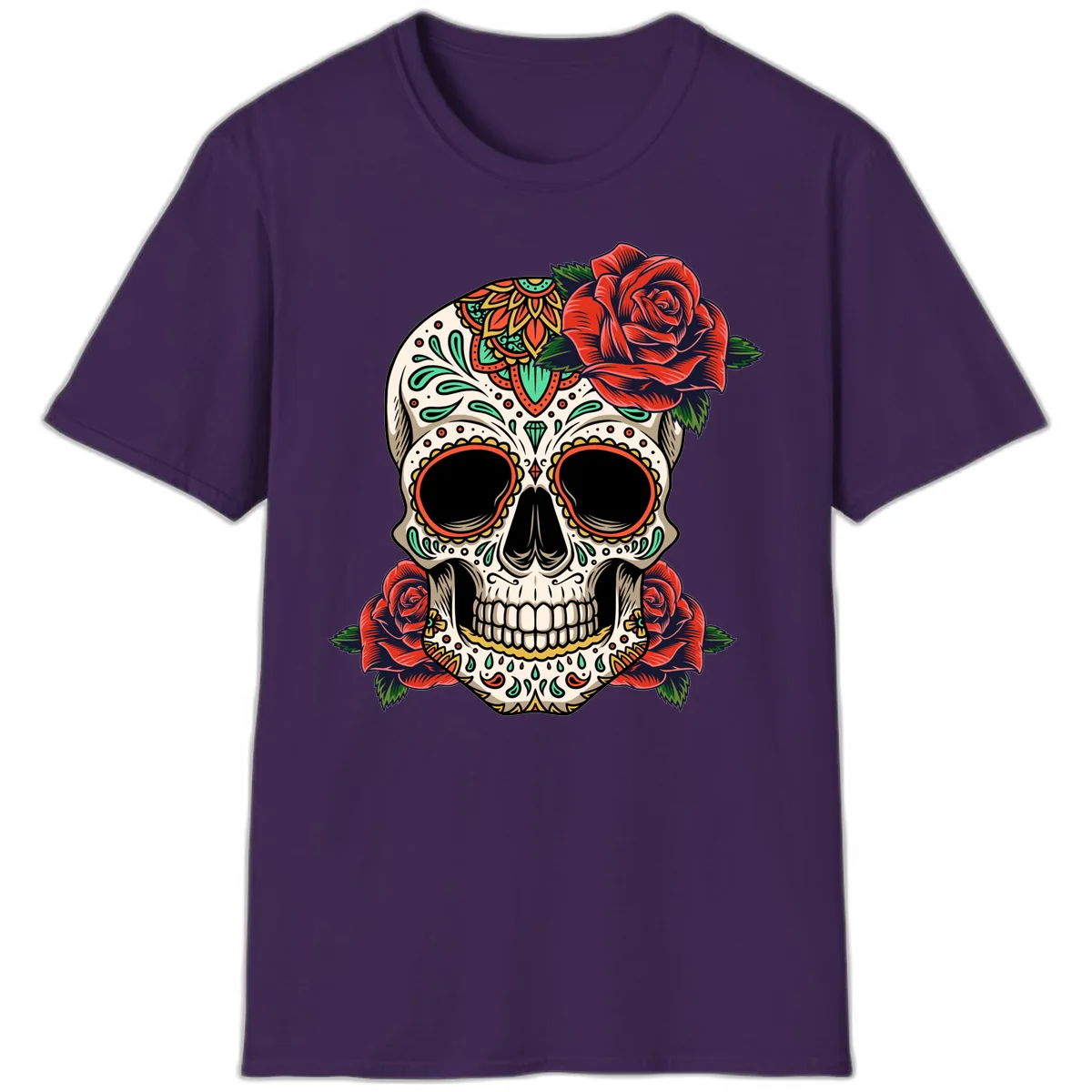 Vibrant Calavera Skull with Red Roses T-Shirt in Purple