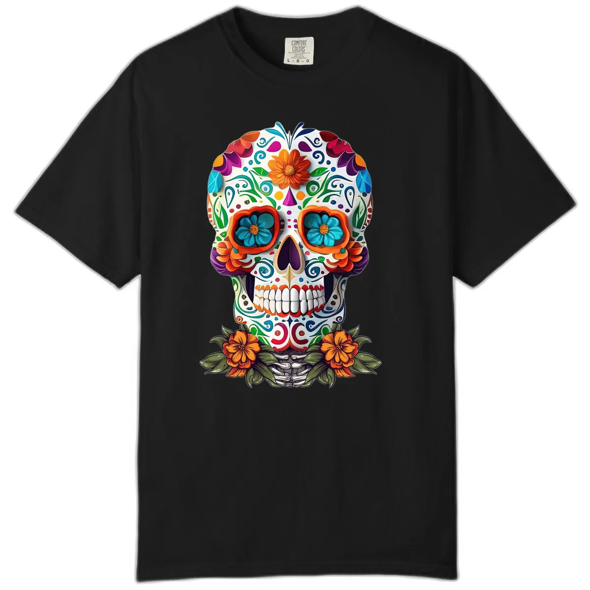 Vibrant Floral Calavera Day of the Dead Skull Comfort Color in Black