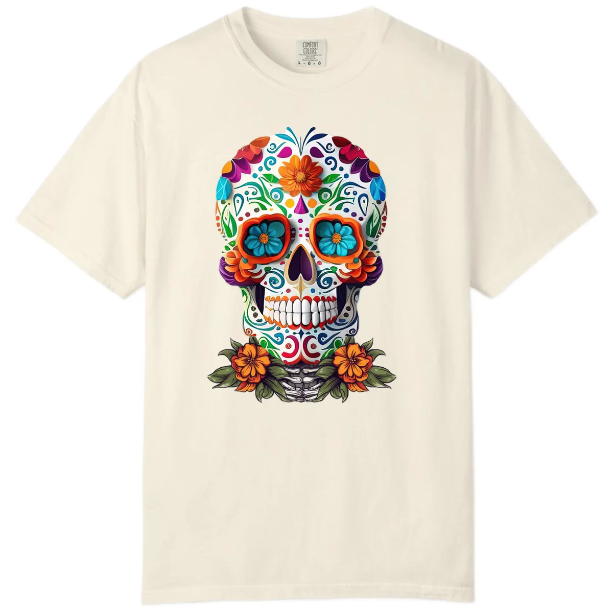 Vibrant Floral Calavera Day of the Dead Skull Comfort Color in Ivory