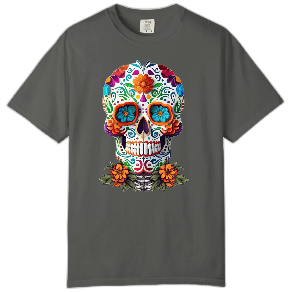 Vibrant Floral Calavera Day of the Dead Skull Comfort Color in Pepper