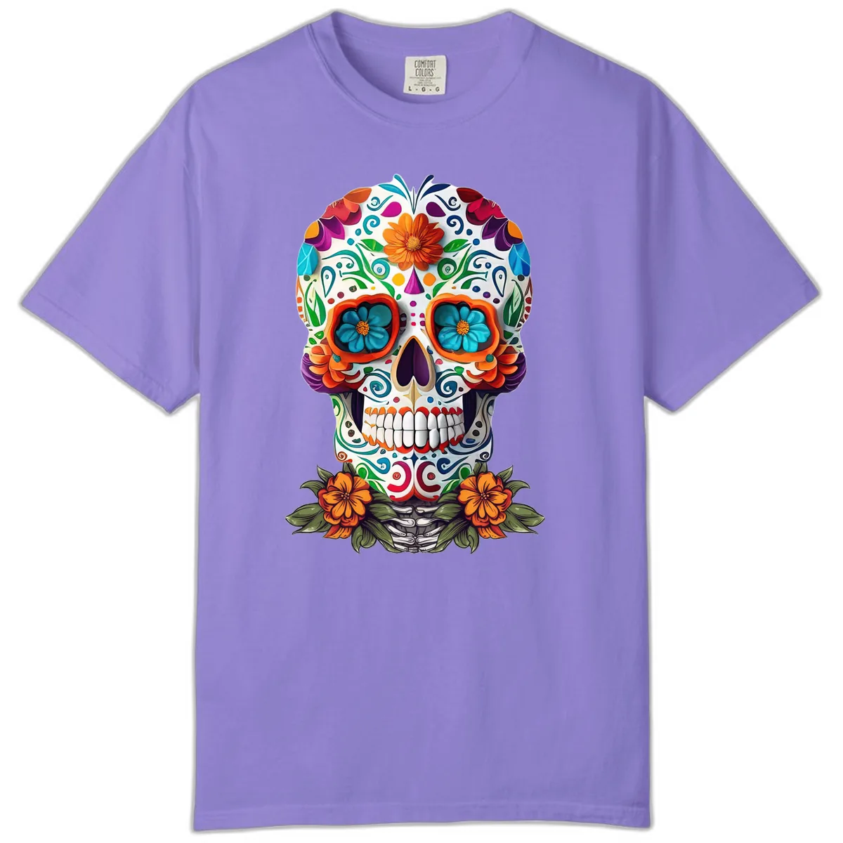 Vibrant Floral Calavera Day of the Dead Skull Comfort Color in Violet