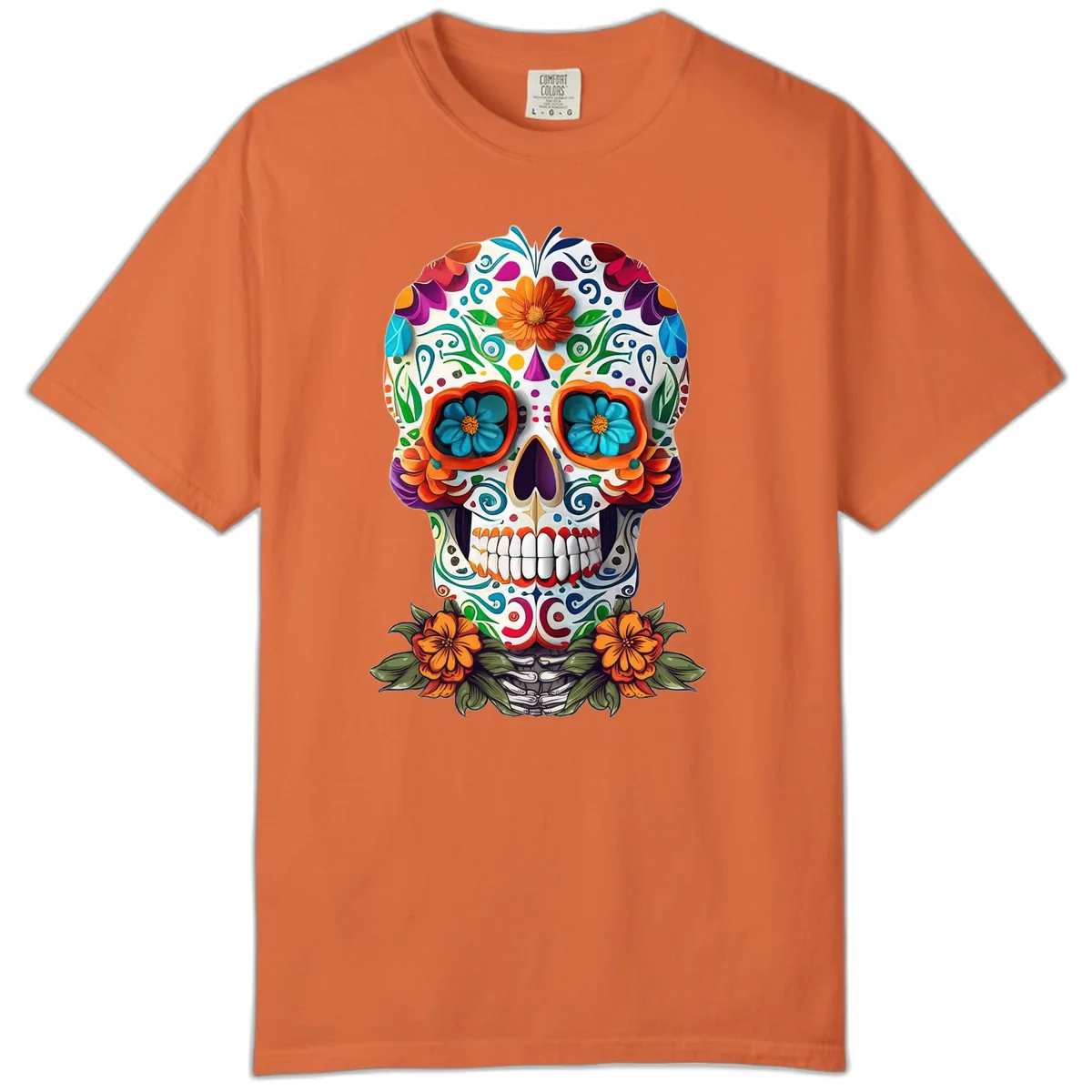 Vibrant Floral Calavera Day of the Dead Skull Comfort Color in Burnt Orange