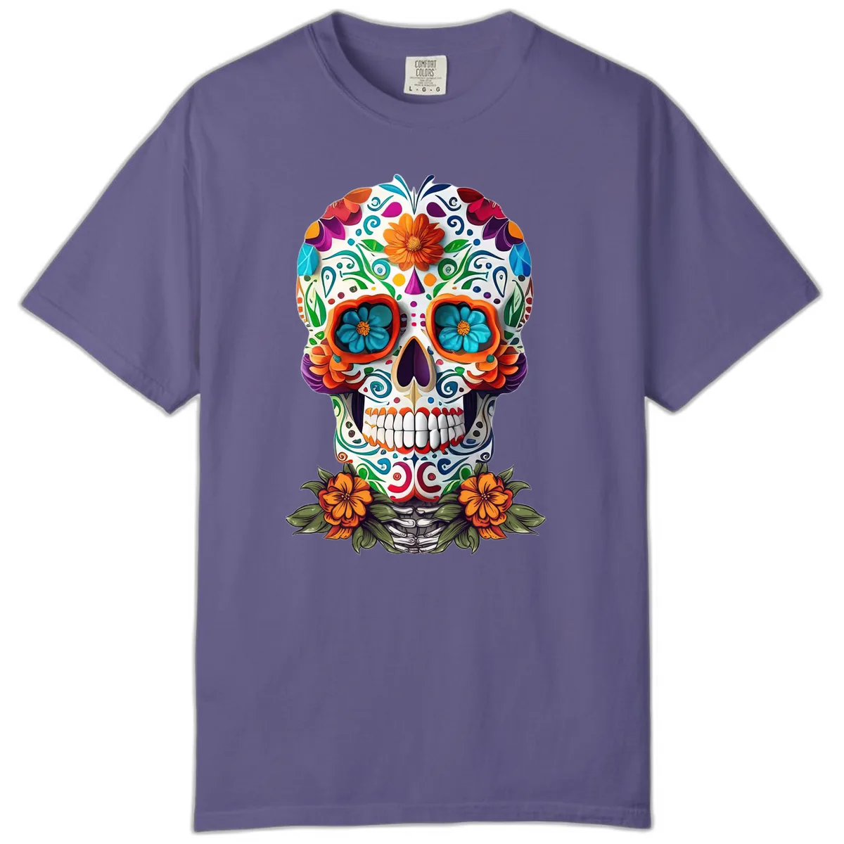 Vibrant Floral Calavera Day of the Dead Skull Comfort Color in Grape
