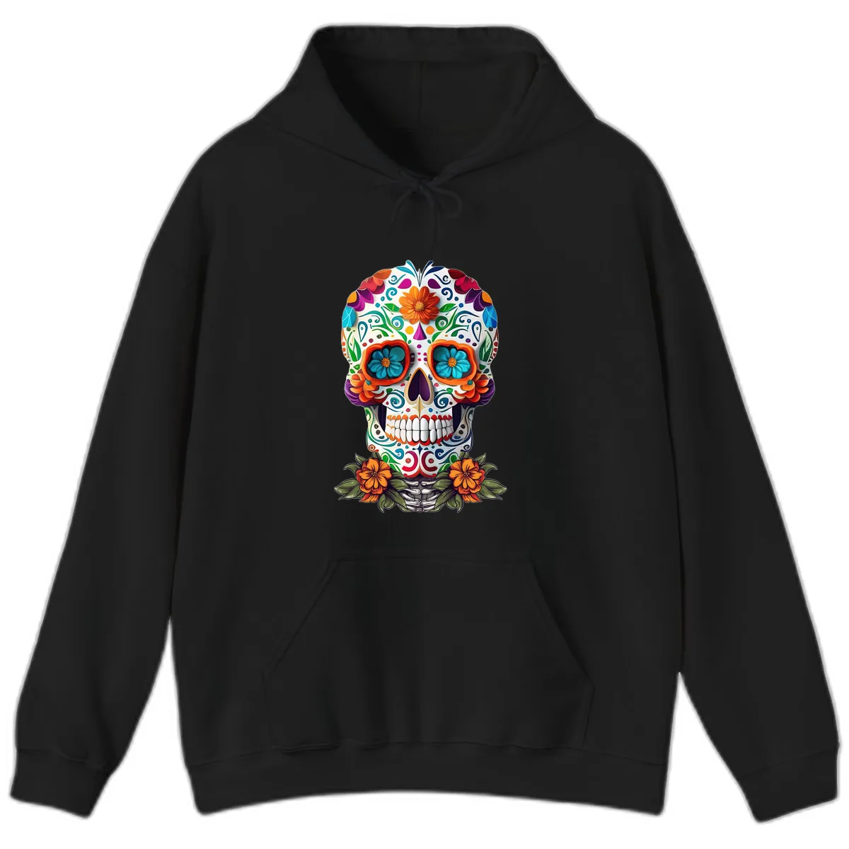 Vibrant Floral Calavera Day of the Dead Skull Hoodie in Black