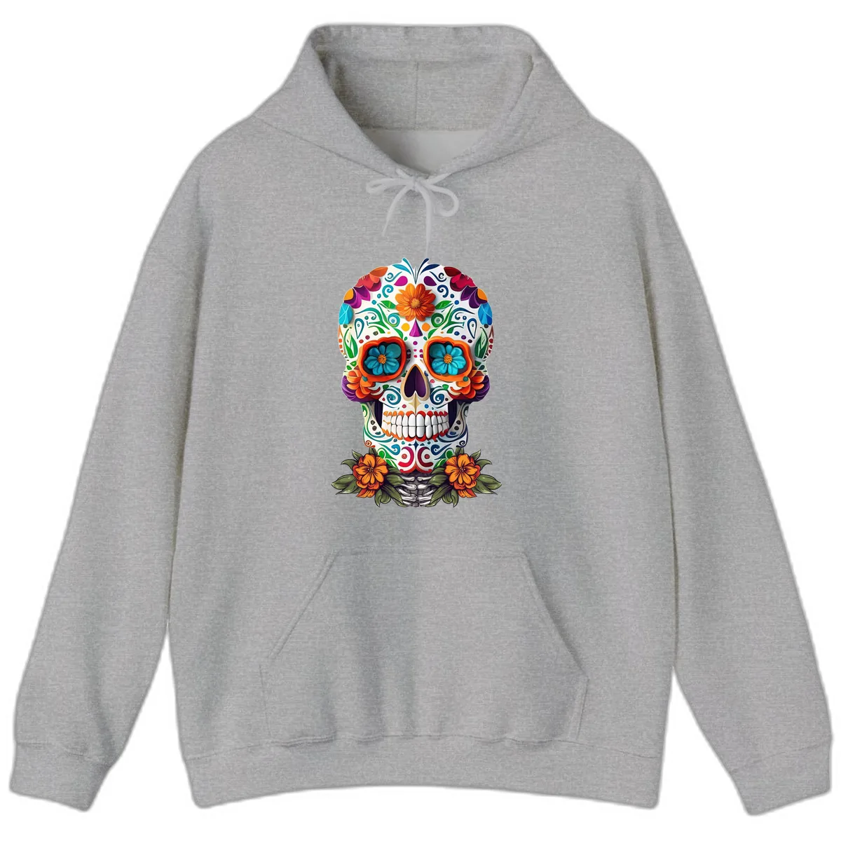 Vibrant Floral Calavera Day of the Dead Skull Hoodie in Sport Grey