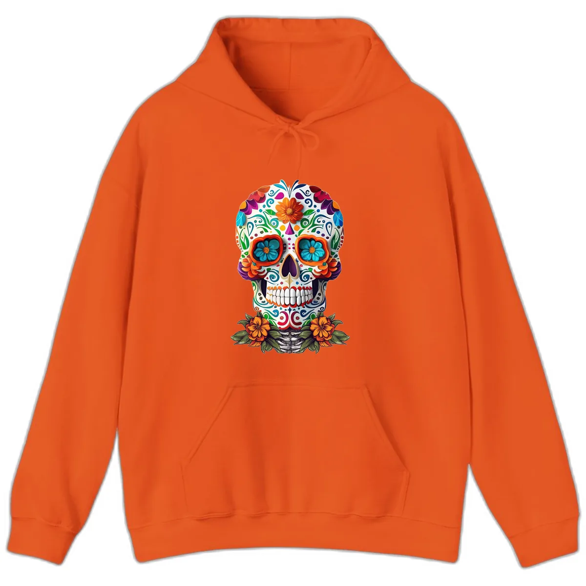 Vibrant Floral Calavera Day of the Dead Skull Hoodie in Orange