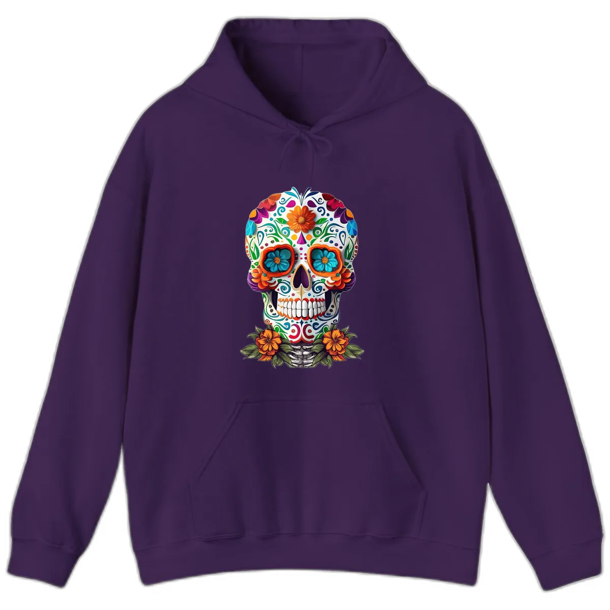 Vibrant Floral Calavera Day of the Dead Skull Hoodie in Purple