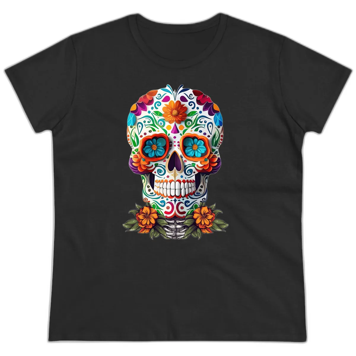 Vibrant Floral Calavera Day of the Dead Skull Ladies Tee in Black
