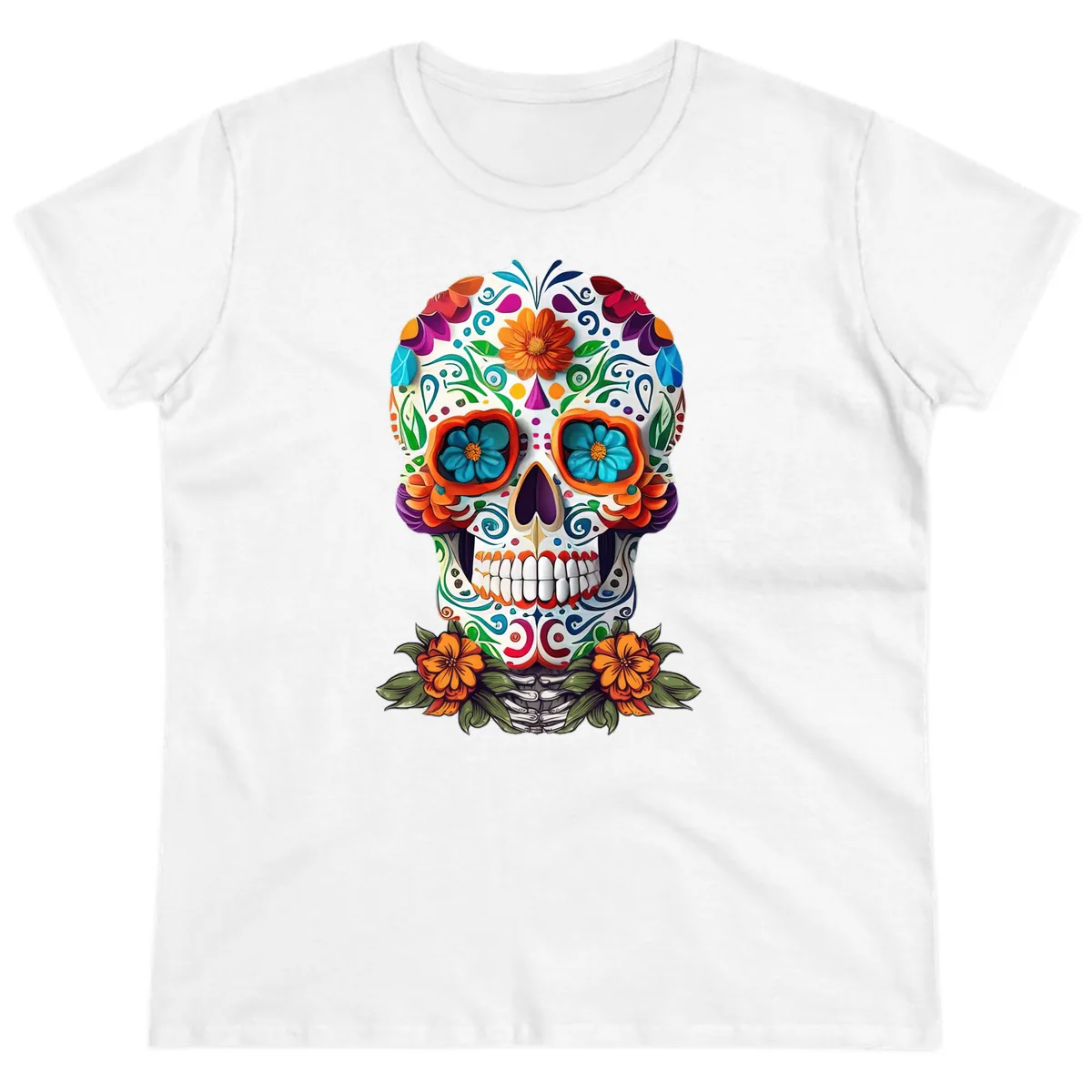 Vibrant Floral Calavera Day of the Dead Skull Ladies Tee in White