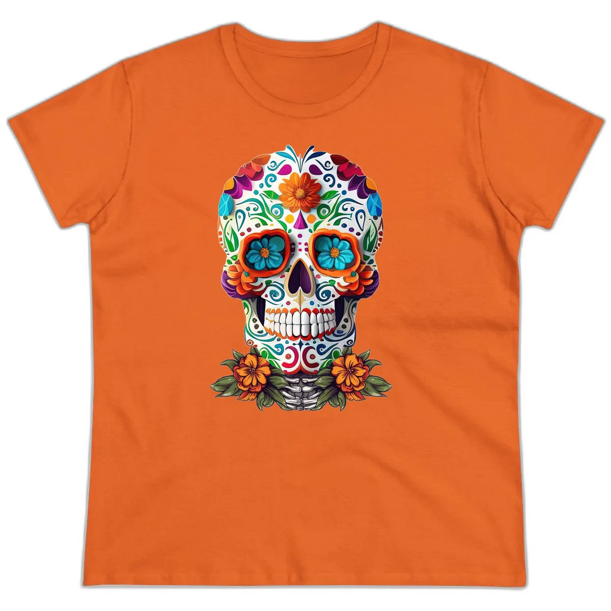 Vibrant Floral Calavera Day of the Dead Skull Ladies Tee in Orange