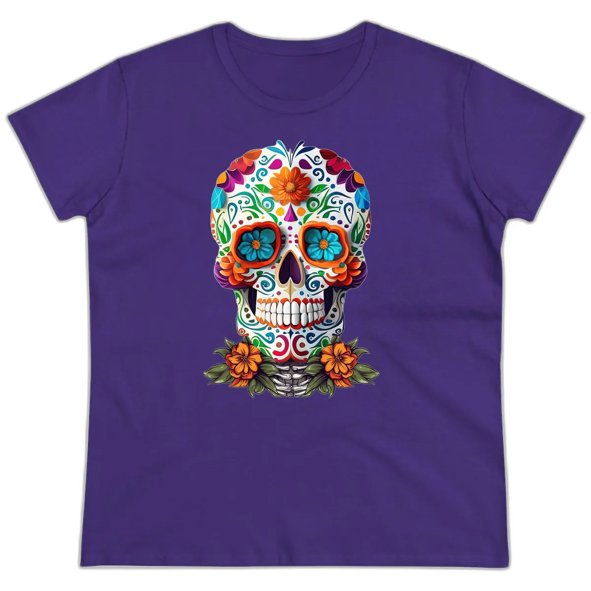 Vibrant Floral Calavera Day of the Dead Skull Ladies Tee in Purple