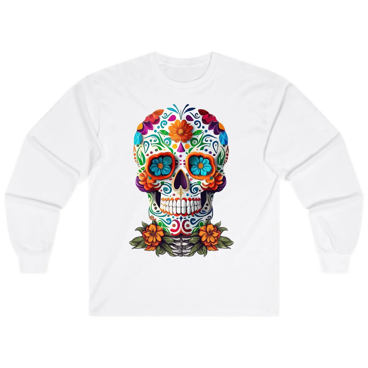 Vibrant Floral Calavera Day of the Dead Skull Long Sleeve in White
