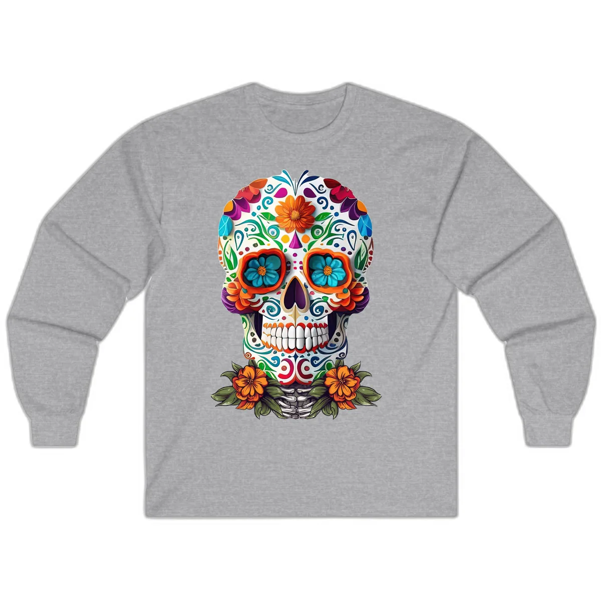 Vibrant Floral Calavera Day of the Dead Skull Long Sleeve in Sport Grey