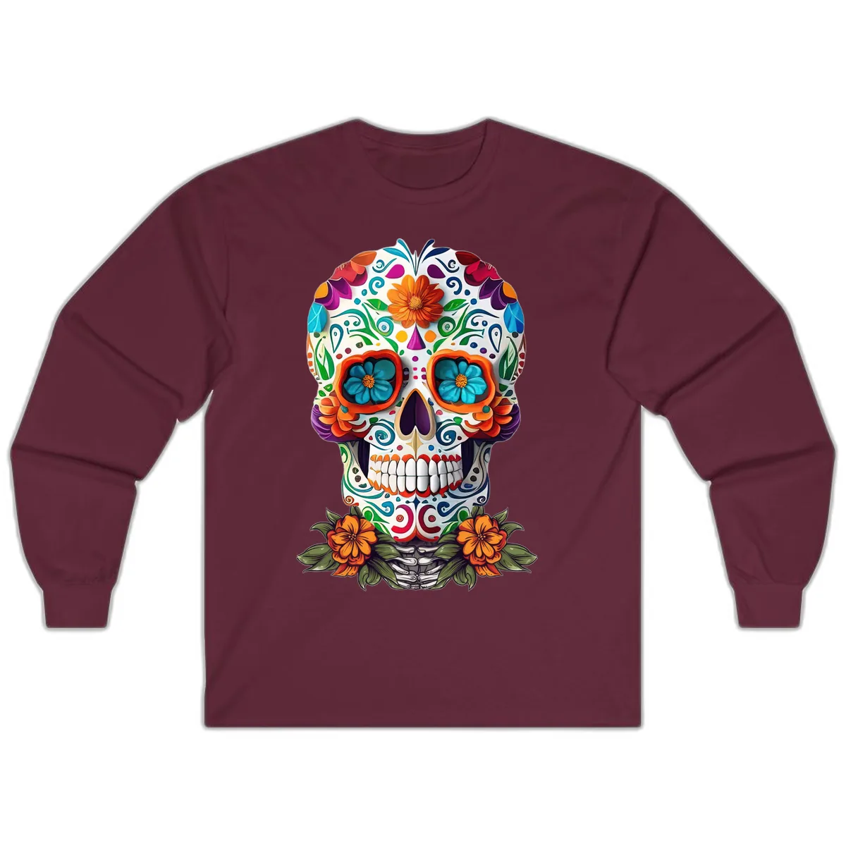 Vibrant Floral Calavera Day of the Dead Skull Long Sleeve in Maroon
