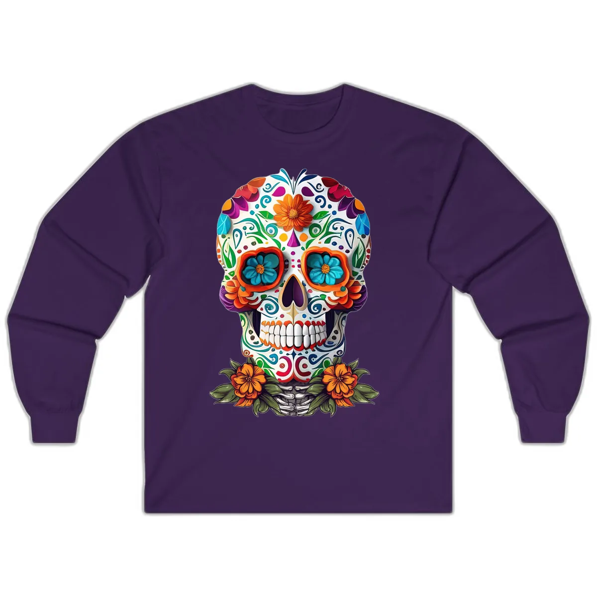Vibrant Floral Calavera Day of the Dead Skull Long Sleeve in Purple