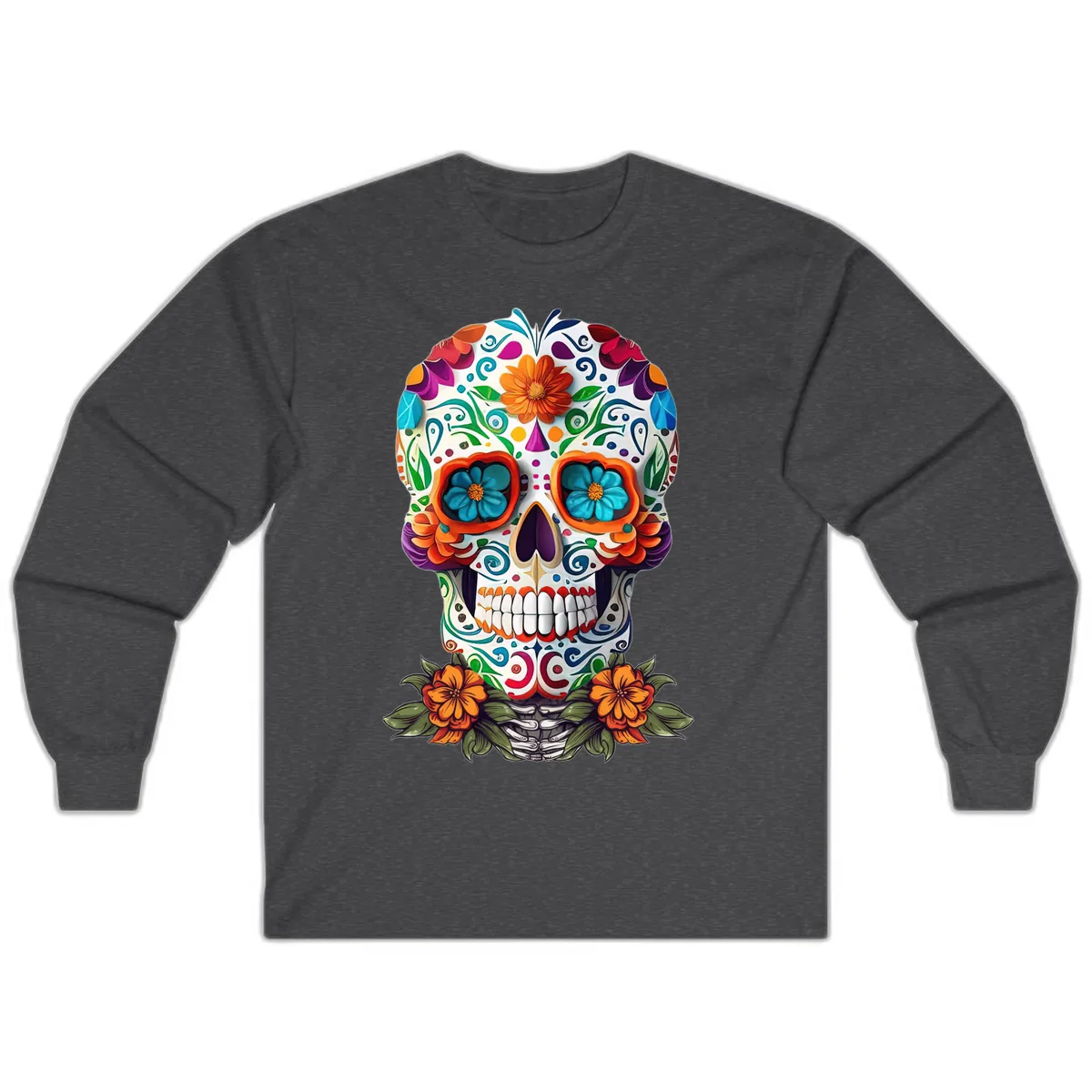 Vibrant Floral Calavera Day of the Dead Skull Long Sleeve in Dark Heather