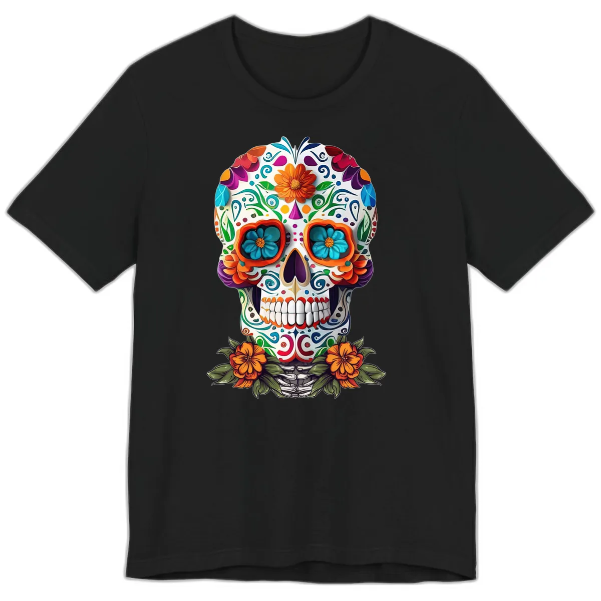 Vibrant Floral Calavera Day of the Dead Skull Premium T-Shirt in Black